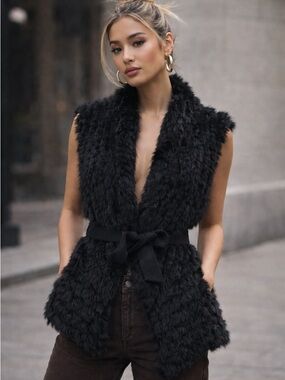 RUDSAK Black Belted Fur Vest M/L | Chic Layering Piece | Quiet Luxury Designer